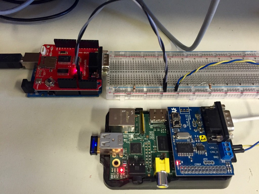 A CAN bus setup on a breadboard